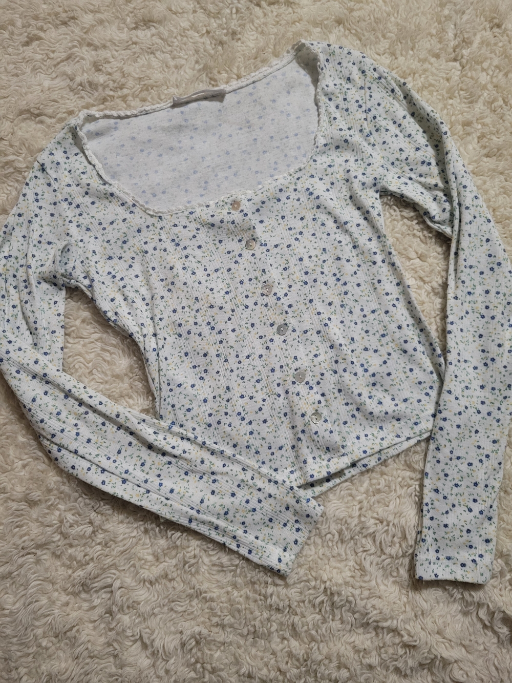Mango White Scoop Neck Button-Front Top with Blue Floral Print